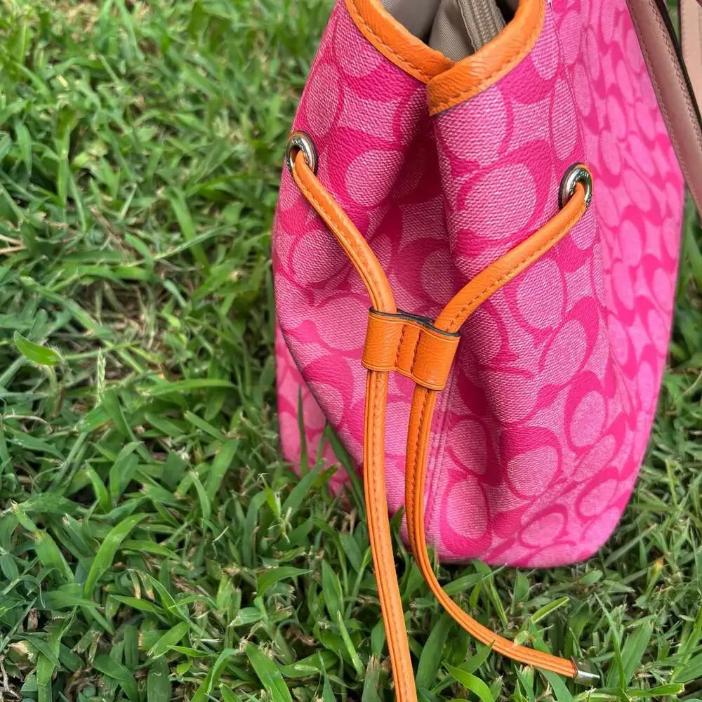Coach Signature Canvas Drawstring Tote in Pink and Orange